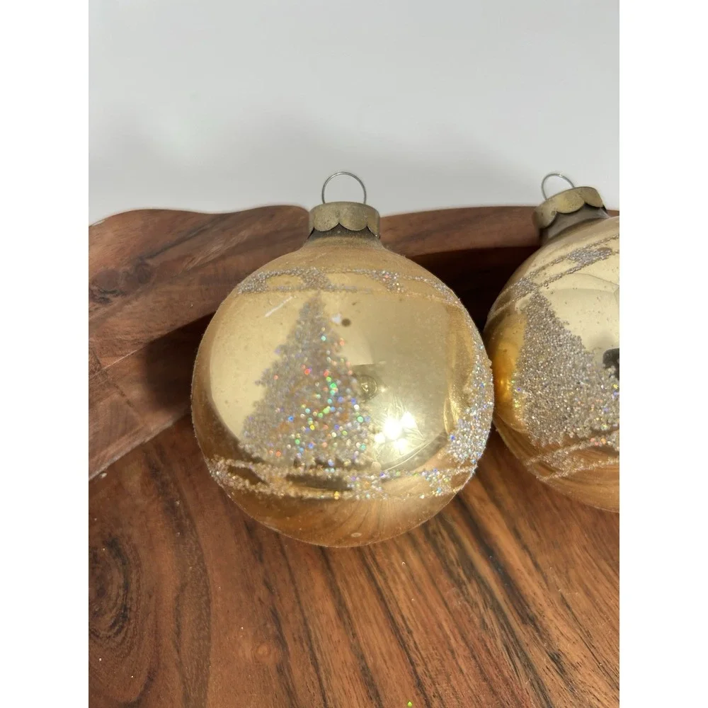 Vintage Christmas Tree Ornament Set Of 3 Gold W/ Glitter Pine‎ Tree Estate Find
